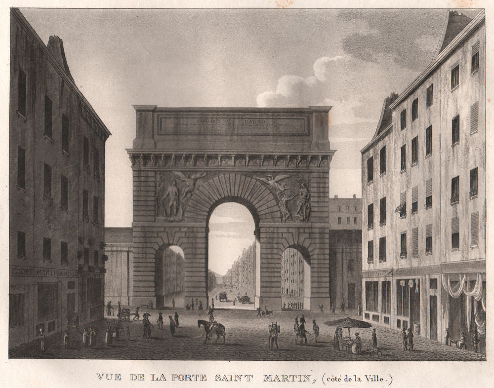 PARIS. Porte Saint Martin (côté de la Ville) . Aquatint 1808 old antique print